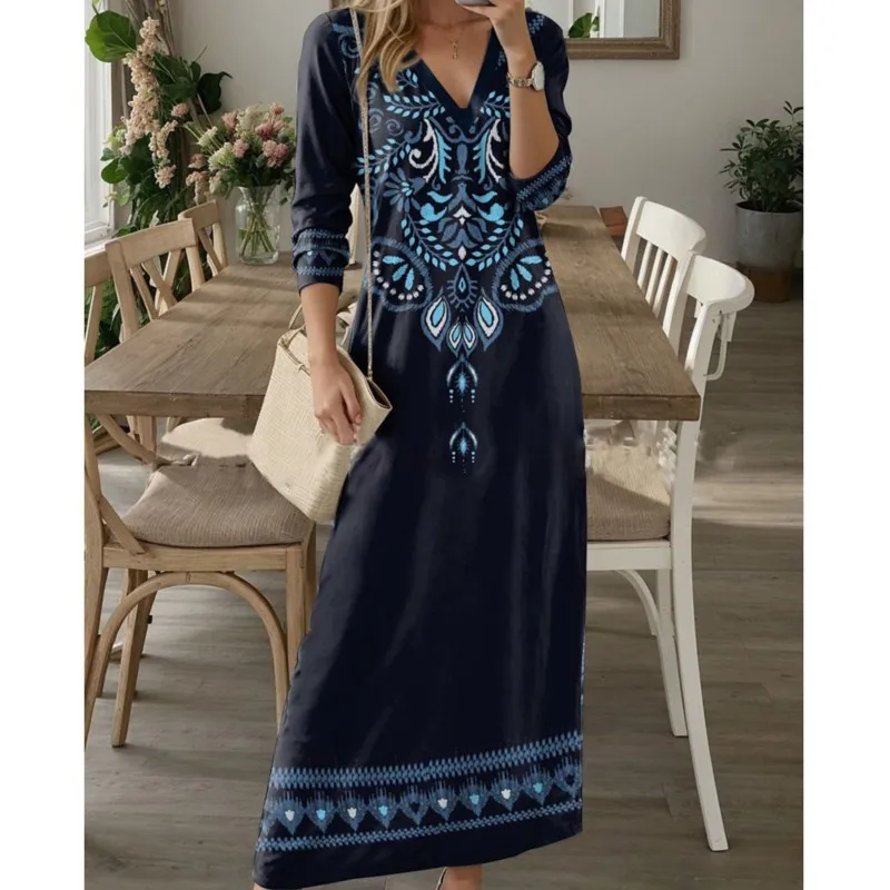 Autumn Full Sleeve V-neck Printed Long Dress For Women Fashion Vintage Print Party Dresses Winter Casual Comfortable Robe Femme