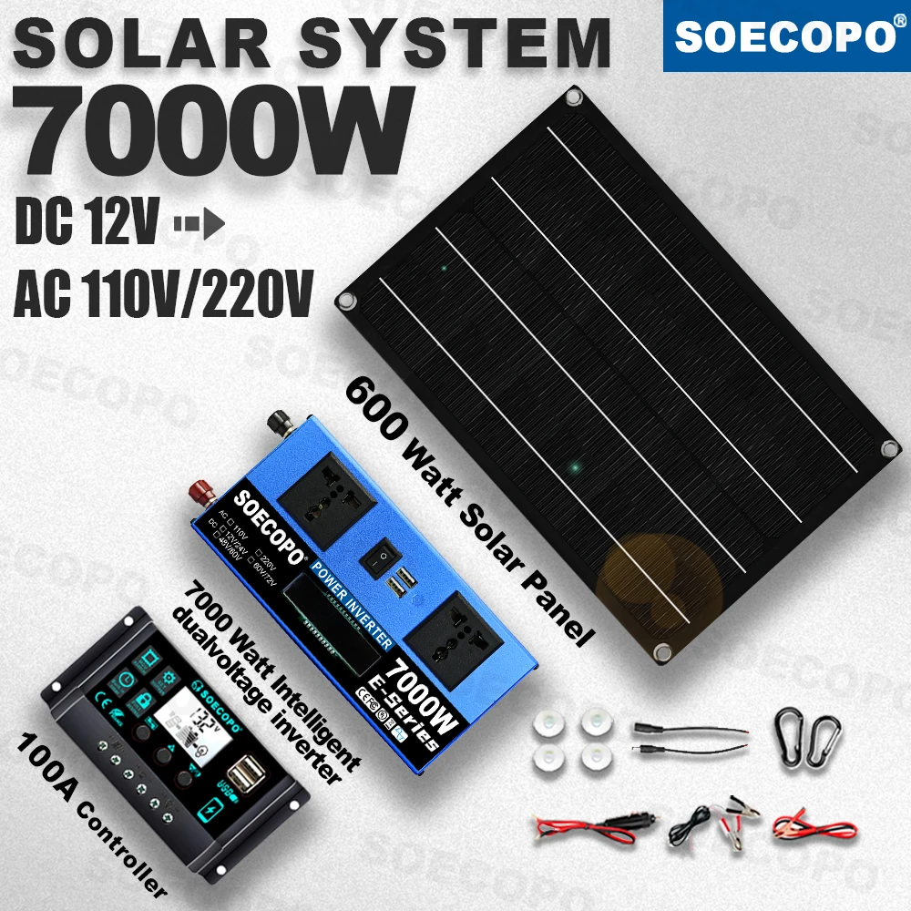 

SOECOPO 7000W Photovoltaic System, 12V to 110V/220V Inverter, 600W Panel, 100A Controller, for Off-Grid Home, RV & Camping