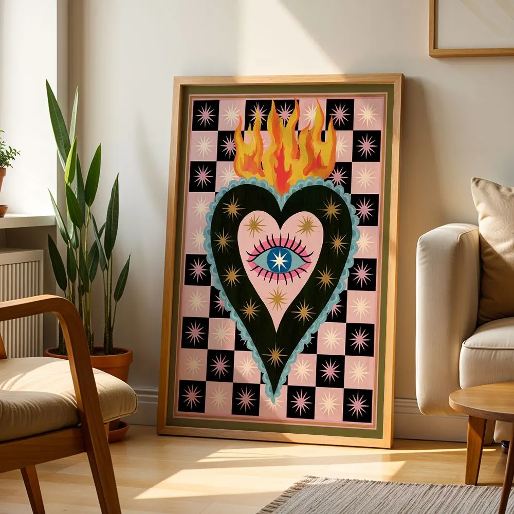 Bohemian Flaming Heart With Eyes Canvas Poster Wall Hanging, Wall Art For Living Room Bedroom