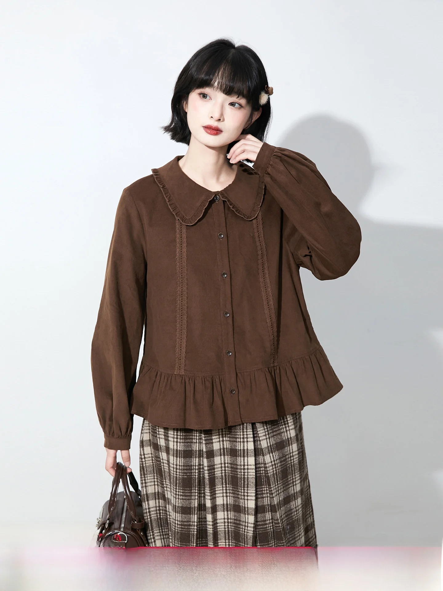 

Original Design Long Sleeve Doll Collar Lantern Sleeve Shirt Women's Winter Cotton Sweet Style Loose Fit Traditional Mocha Brown