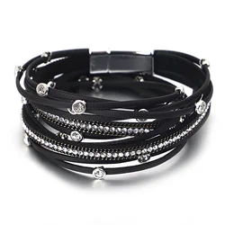 ALLYES Vintage Charm Crystal Beads Leather Bracelets for Women Men Bohemian Long Chain Multilayer Wrap Bracelet Jewelry Gifts