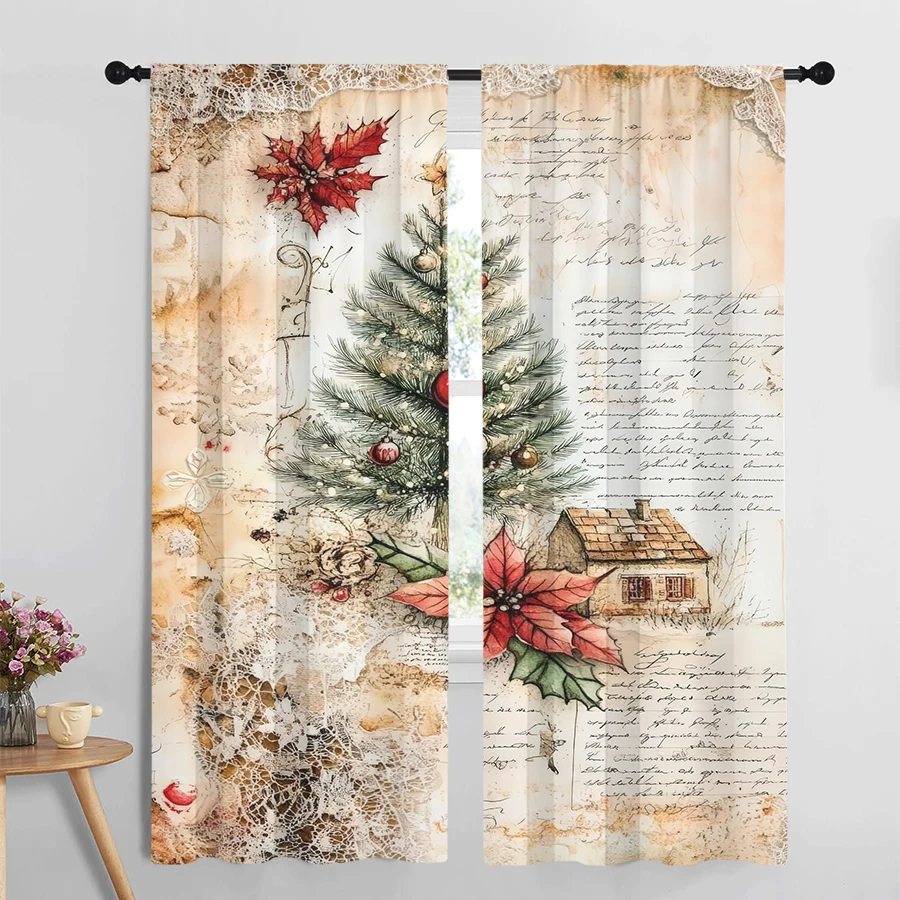 2PCS Digital Print Curtains, Vintage Parchment Christmas Tree Poinsettia Cottage Handwriting, Retro Rustic Style - Christmas Hol