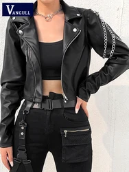 Vangull-Chaqueta corta de piel sintética para mujer, abrigo negro Punk Harajuku, abrigo gótico de manga larga con cadenas, prendas de vestir, Tops