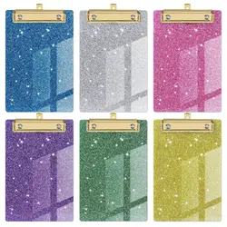 Portapapeles acrílicos A6, portapapeles con purpurina y clip dorado, diseñado para aulas, escuela, médico, oficina, portapapeles brillantes