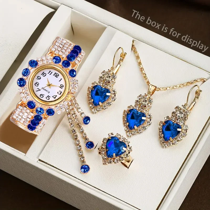Women 4 In 1 Jewelry Watch Set Blue Heart Rhinestone Quartz Watch Necklace Earrings Ring Elegant Ladies Party Birthday Gift