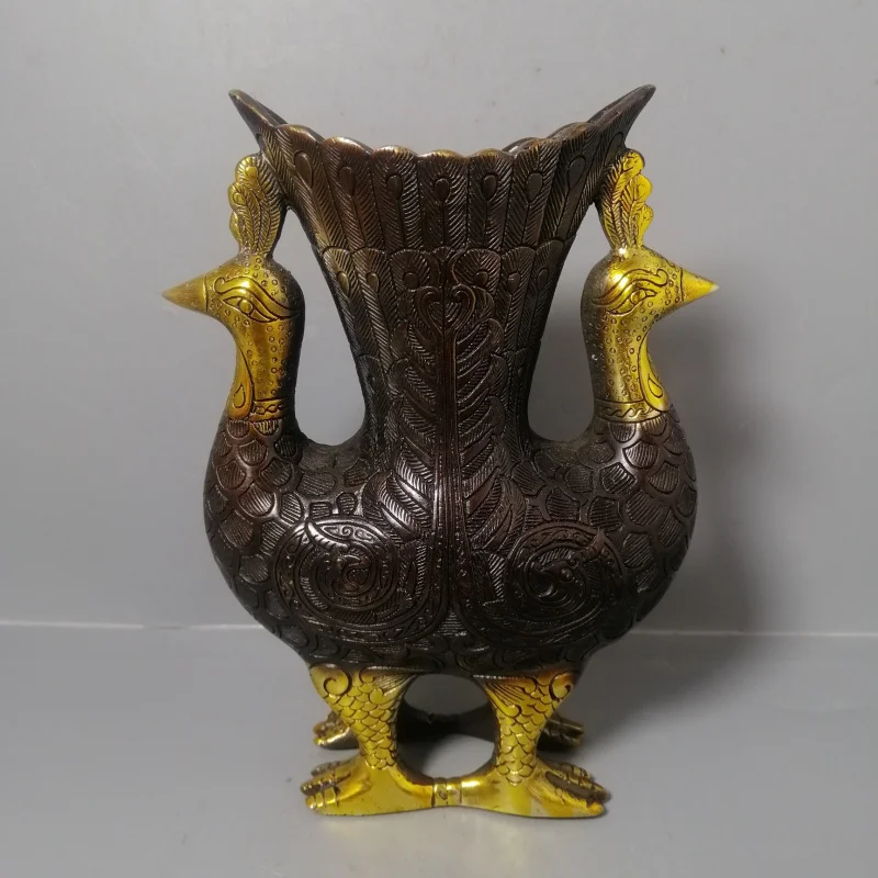 Copper craft item: gilded double-headed phoenix ornament, vintage-style living room decoration