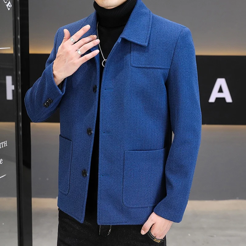 

Pure Color Men's Autumn Winter Slim Fit Tweed Jaet Trendy Briti Sle Youthful Energy Polyester Viscose Fiber Coat