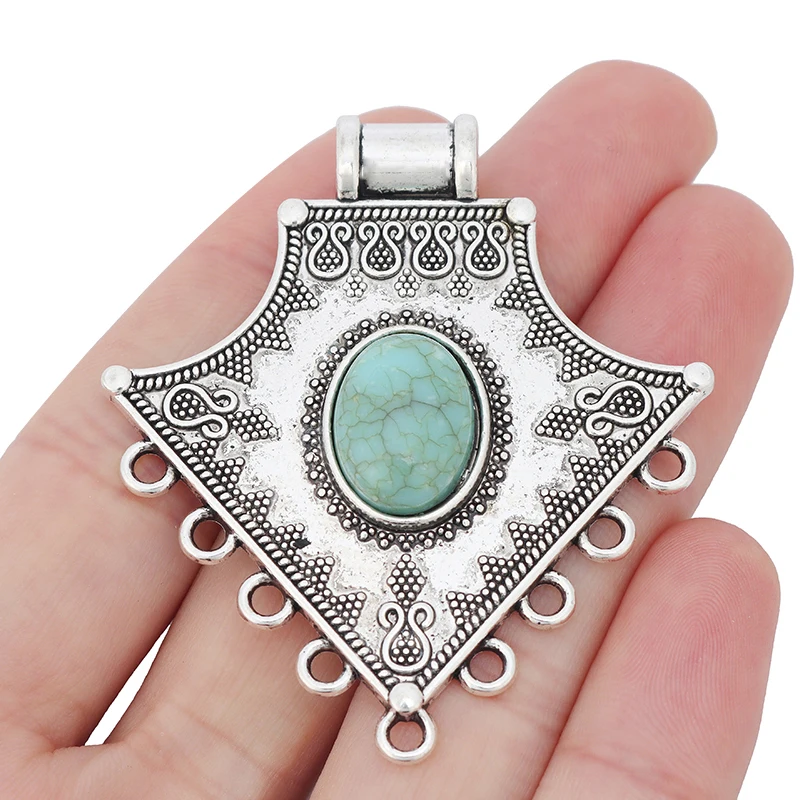 2pcs Tibetan Silver Tribal Large Imitation Stone Connector Charms Pendants for Necklace Jewelry Making Findings 58x52mm