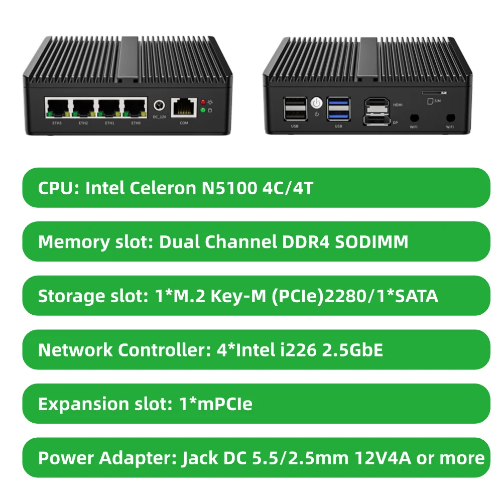 Fanless Network Appliances Barebones 4x2.5G Ethernet Celeron N5100 Compatible Pfsense OPNsense for Firewall Router G30S-N5100-4L