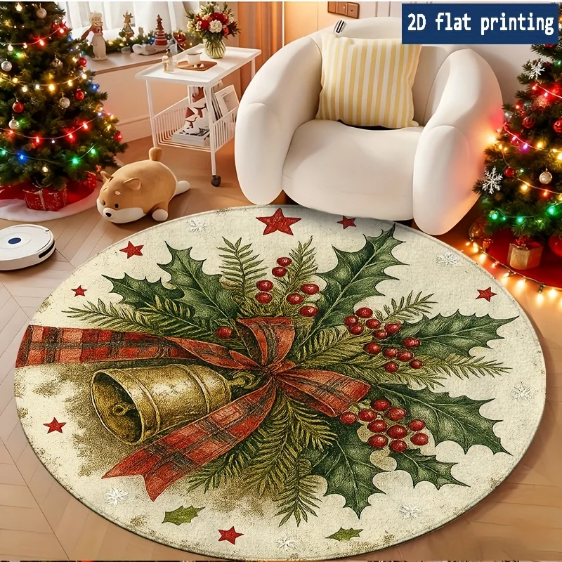Grey Tone Snowflake Pine Tree Snowman Circular Rug for Bedside Sofa Chair Entrance Holiday Floor Mat Present Washable Floor Mat