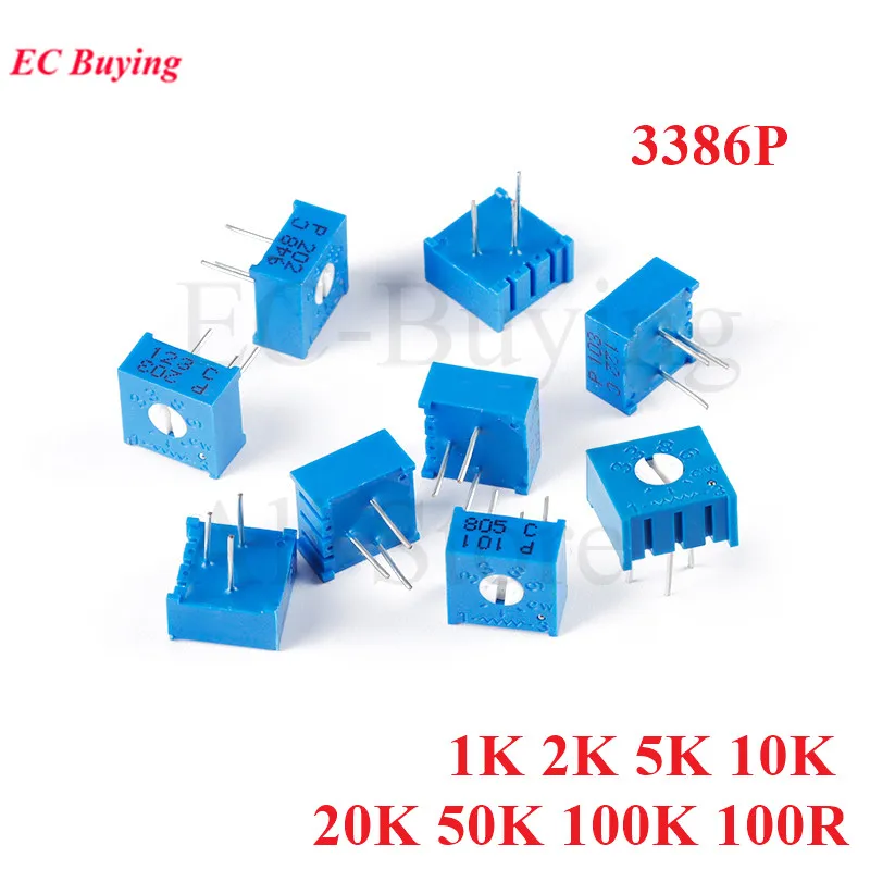 10pcs 3386P 1K 2K 5K 10K 20K 50K 100K 100R ohm Trimmer Potentiometer Variable Resistor Cermet Trimpot 3386 101 102 202 502 103