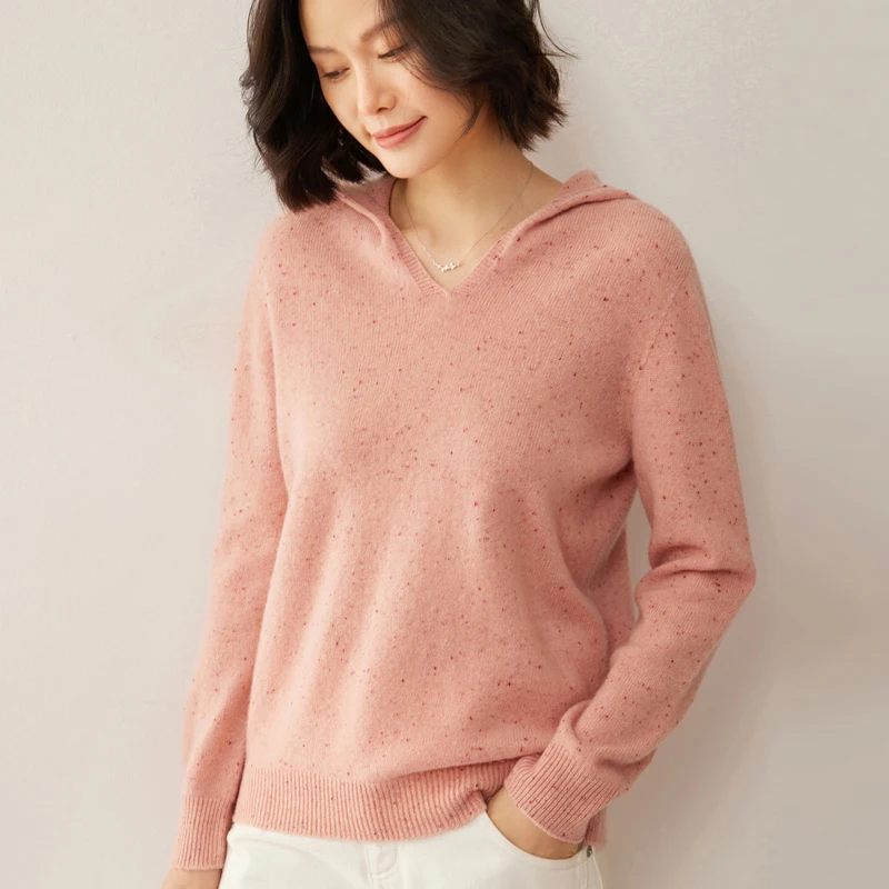 Women's Hooded Sweater 100% Merino Wool Pullover Spring Autumn Winter Long Sleeve Female Wool Knitwear Korean Fashion Tops