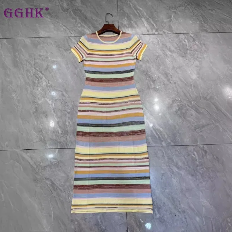 GGHK Women Europe and The United States Fashion Dress Striped Design Loose Stretch Knitted Dress 2025 Spring Summer New Models