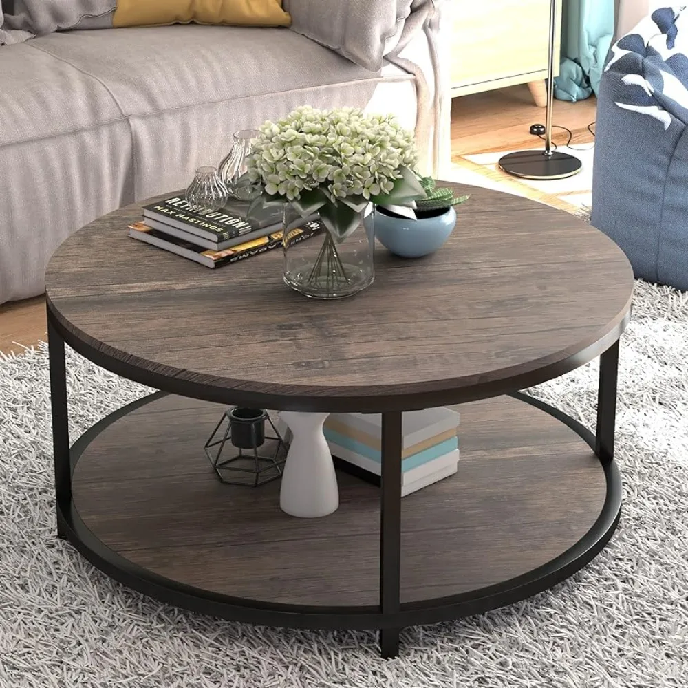 

Round Coffee Table,36" Coffee Table for Living Room,2-Tier Rustic Wood Desktop with Storage Shelf Modern Design Coffee Tables
