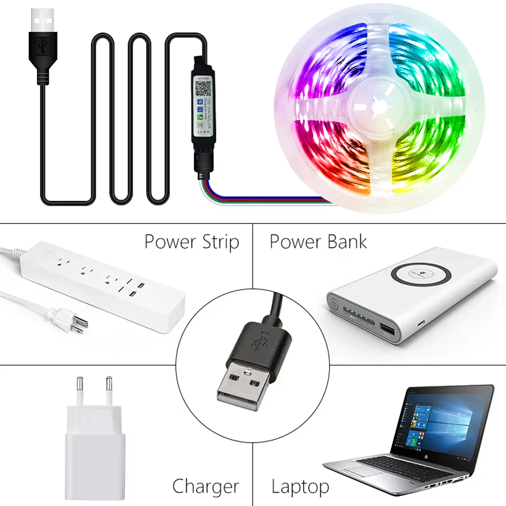 98ft-3.28ft USB LED Strip Light Bluetooth RGB Lights Flexible TV Backlight Lamp 5050 5V LED Tape Diode Phone APP 1-30m For Room