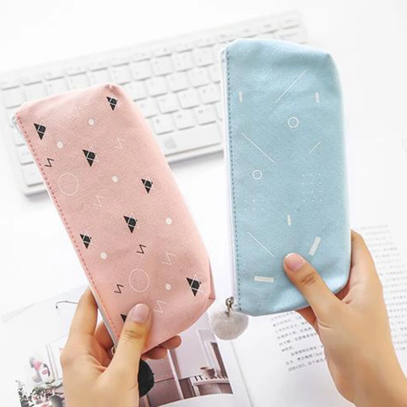 Conciso cor sólida caso de lápis lona kawaii caso lápis para meninas menino escola estudante papelaria hairball lápis saco pencilcase