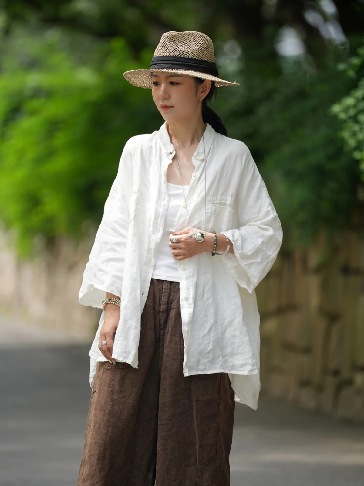 

Original Design Linen ort Sve irt Aged Look Women's Loose Fit Mid-Length irt Pure Color Summer Faion Ladies' irt