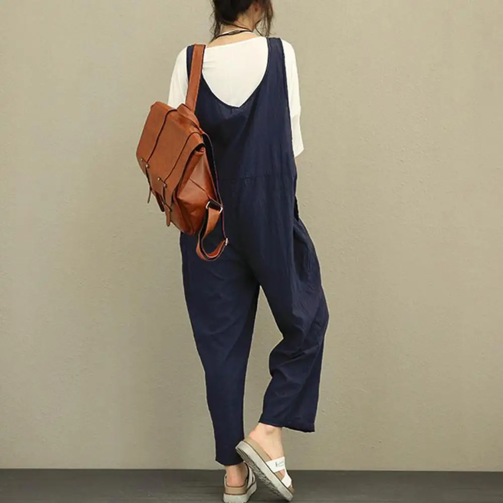 Casual Solid Color Jumpsuit Stylish Summer Women's Jumpsuit with U Neck Wide Leg Sleeveless Design Solid Color Side for Any