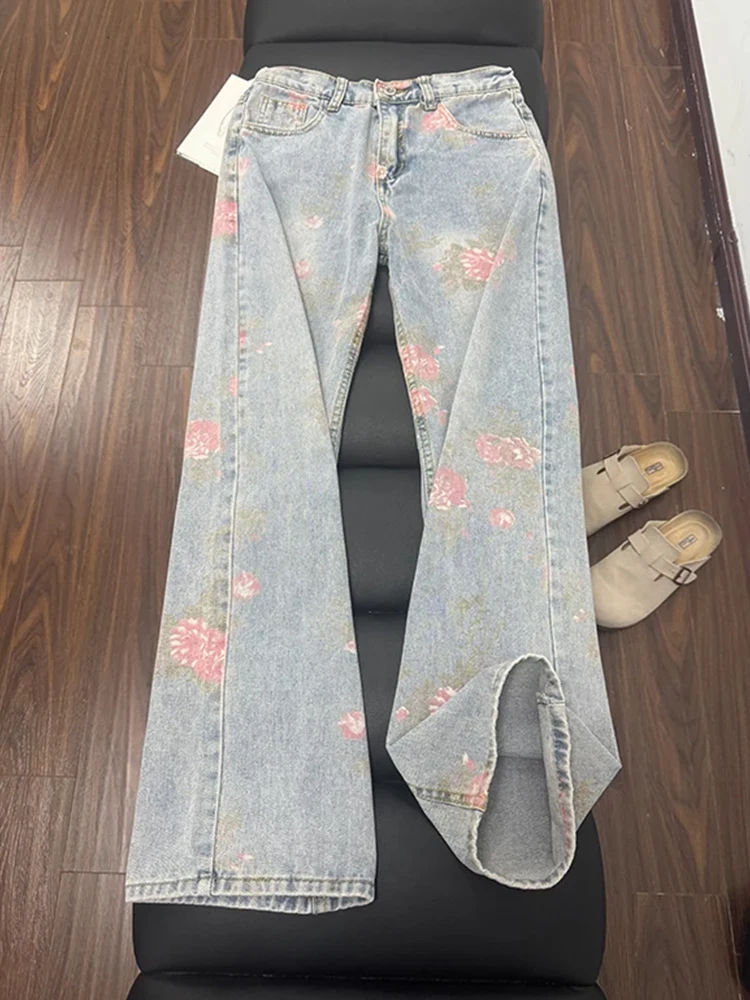 

American High Street Floral Men's Jeans Autumn Trendy Design Sensation Dra Micro Flared Pants High End Feeling Straight L...
