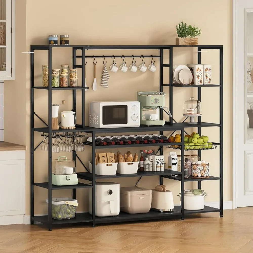 Large Bakers Rack with Power Outlet, 62.4in Wide Kitchen Microwave Stand, Wine Rack, Goblet Holder, 8 Hooks, Wire Baske