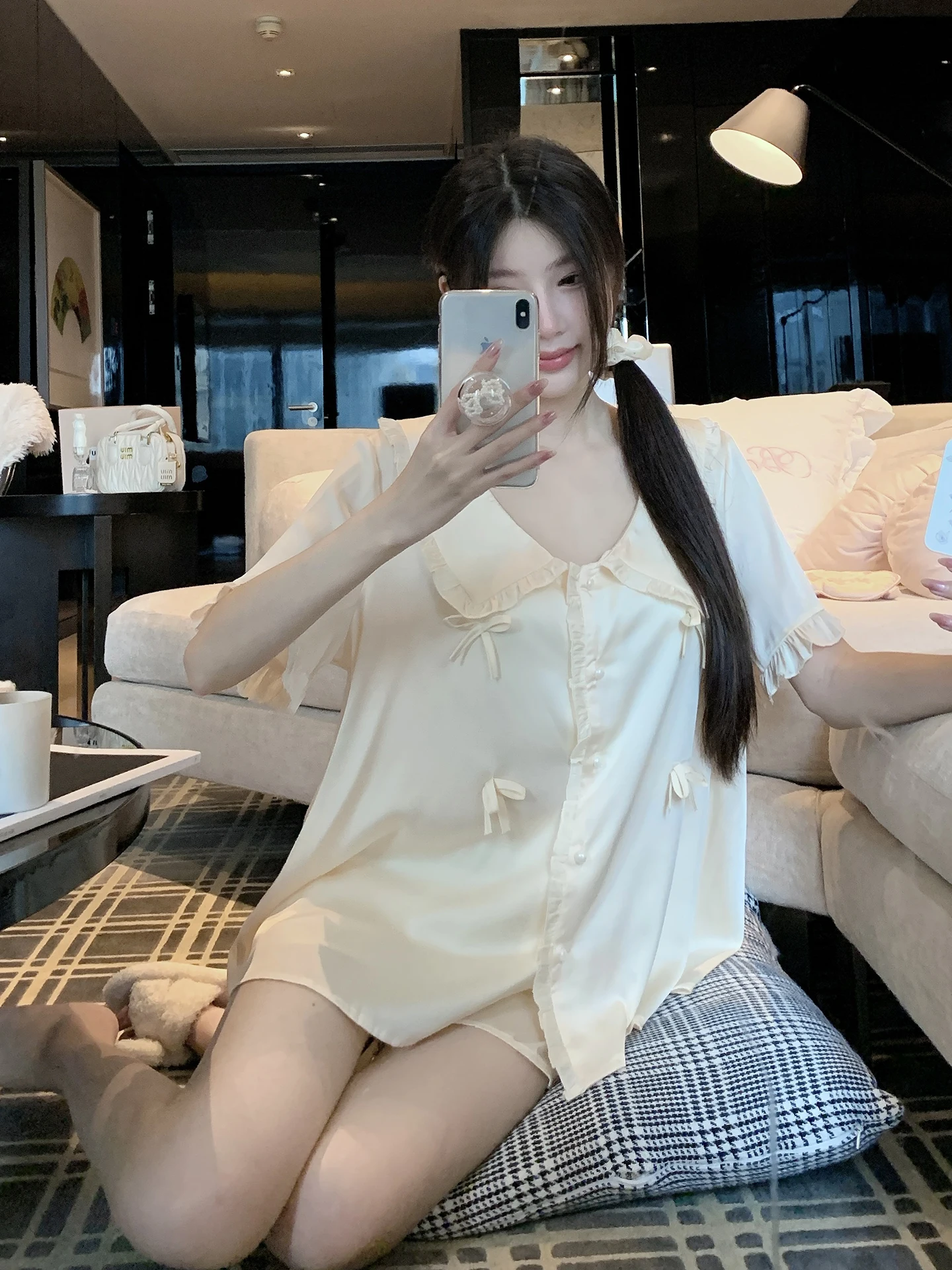 2025 Summer New Sexy Short Sleeve Ice Silk Pajamas for Women with Bow Cute Doll Collar Homewear Two-Piece Set