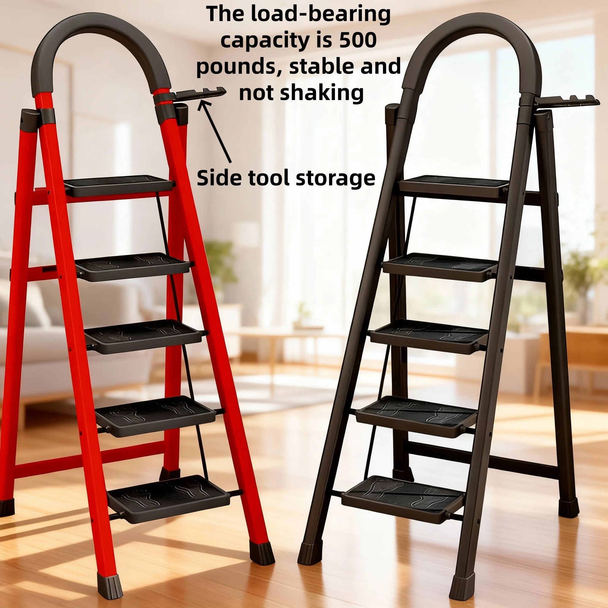 

Upgraded And Reinforced 2/ 3/ 4/ 5-Step Portable Ladder Heavy-Duty Folding Step Ladder With Wide Base - 500 Weight Capacity, Lightweight Metal Ladder Suitable For Home, RV, Outdoor, Office-[105pcs-Versatile Usage Scenarios]