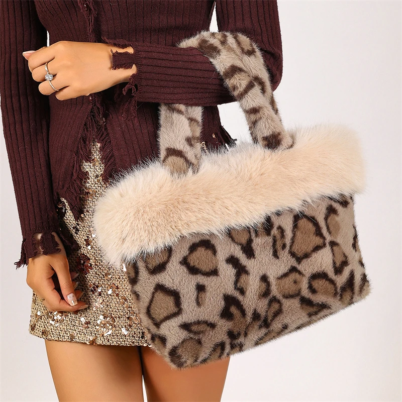 Fashion Leopard Print Fur Tote Bag Soft Large Capacity Shoulder Bag Warm Furry Handbag for Women