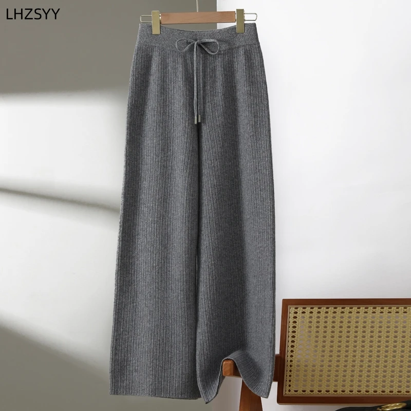 LHZSYY 100%Pure Cashmere Wide-Leg Pants Ladies New Pit Knitted Straight Pants Long Thick Casual Pants High Waist High-End Winter