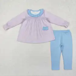 new rts baby girls winter suits wholesale boutique purple striped pocket design blue leggings kids girls clothing