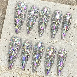 Handmade Press On Nails Luxury Long Fake Nails Stiletto Wearable Full Flash Rhinestones False Nails With Designs Almond Nail Tip