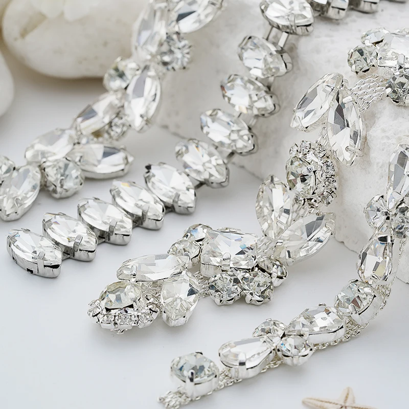 DUCRYSTARL 1Yard/90CM Rhinestone Claw Chain Silver Base Sew on Crystal Rhinstone Chain Trim Dress Garment Accessories