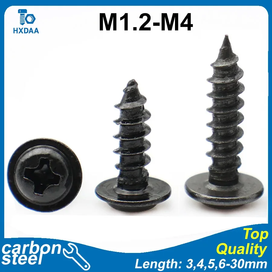 Carbon Steel Phillips Flanged Flat Head Black Self-Tapping Screws with Built-in Washer M1.2 M1.4 M1.7 M2.3 M2.6 M3 M3.5 M4