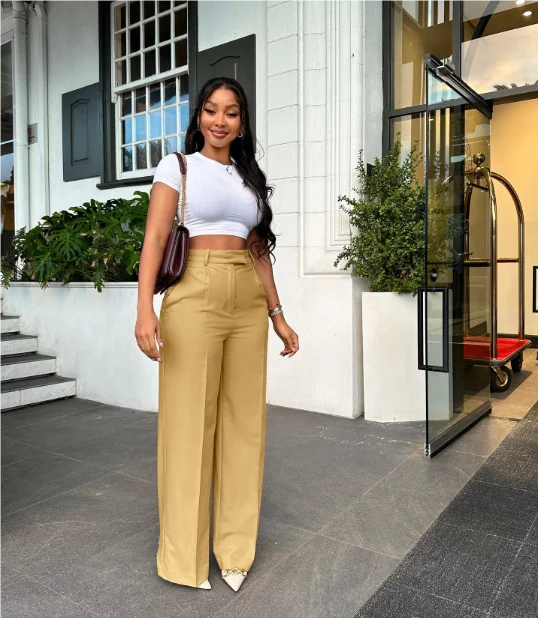 

2024 Casual Wide Leg Straight Pants Women Plain Color Bodycon Pocket Office Pants Female Loose Fit Midi Waist Trousers