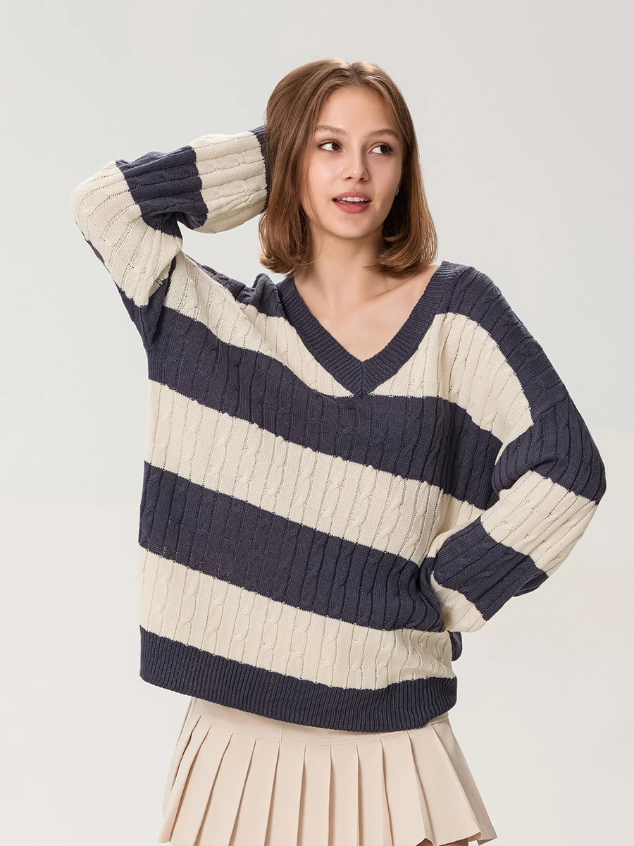 wsevypo Women Cable Knitted Sweaters Fall Winter Classic Retro Striped V Neck Pullovers Jumpers for Streetwear Warm Knitwear