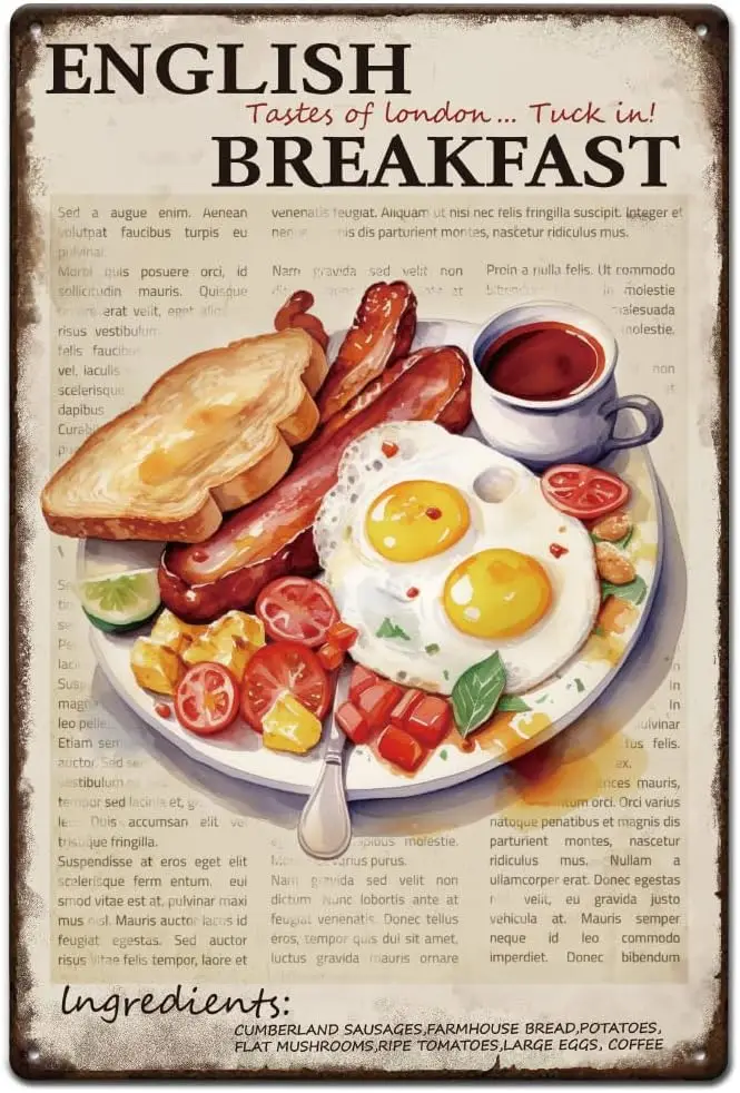 Englisches Frühstück, Metall-Blechschild, lustiges Frühstück-Blechschild, Retro-Metallposter, Geschmack von London, Schilder für Zuhause, Küche, Restaurants