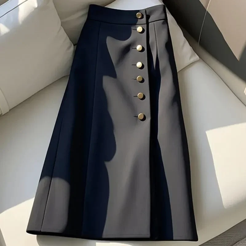 Pop Pop 2025 หญิงสูงเอวกระโปรงยาวฤดูใบไม้ผลิฤดูใบไม้ร่วงผู้หญิงกลางความยาวกระโปรงเกาหลีเลดี้แฟชั่นสีทึบชุด Max