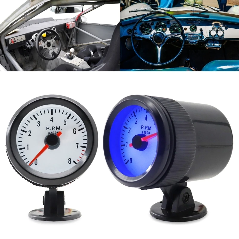 0-8000RPM 2 Inch 52mm Tachometer Gauge With Blue LED Light Rings Suitable For Car And Motorcycle 1-8 Cylinder Gas Engine X37F