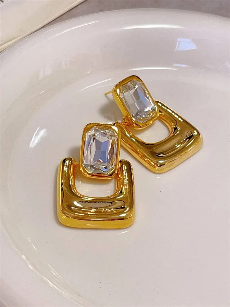 Vintage Geometric Metal Smooth Square Crystal Earrings for Women Europe And America Personality Exaggerated Party Jewelry Gifts - view 5