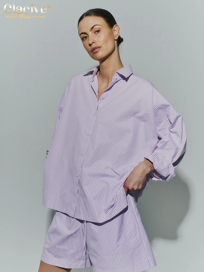 

Clacive Fashion Loose Purple Stripe Woman 2 Piece Set Outfit Elegant Long Sleeve Shirt With High Waist Shorts Set Streetwear