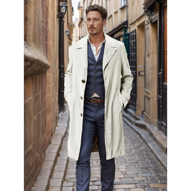 2024Lente en herfst heren trenchcoat corduroy halflange single-breasted effen kleur jas