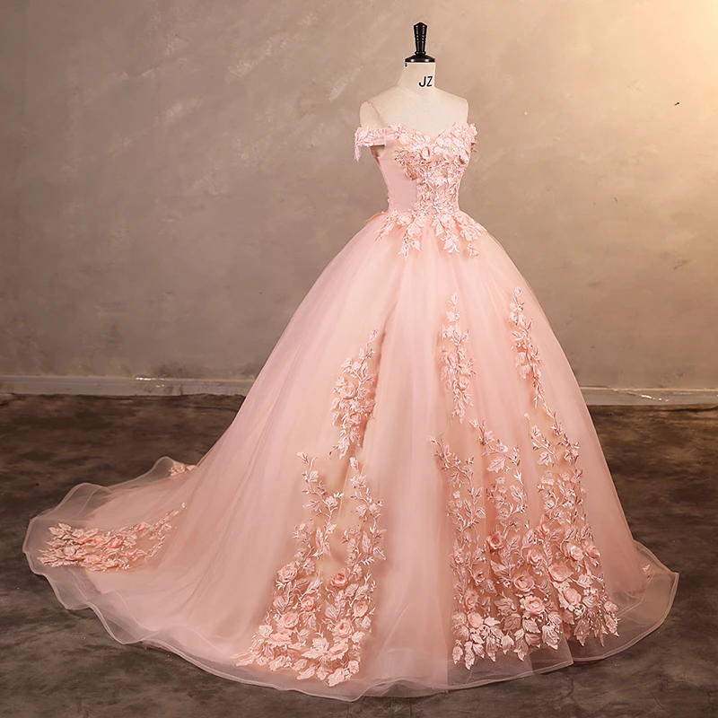 متوفر فستان حفلة وردي مع قطار رخيص 15 فساتين Quinceanera زهرة حلوة فستان حفلات رسمي فستان رخيص حسب الطلب