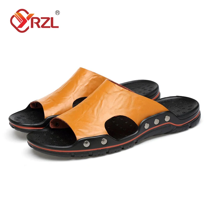 YRZL Slippers Mens PU Leather Classic Summer Men Sandals Soft Brown Outdoor Comfortable Slippers Lightweight EVA Slides for Men