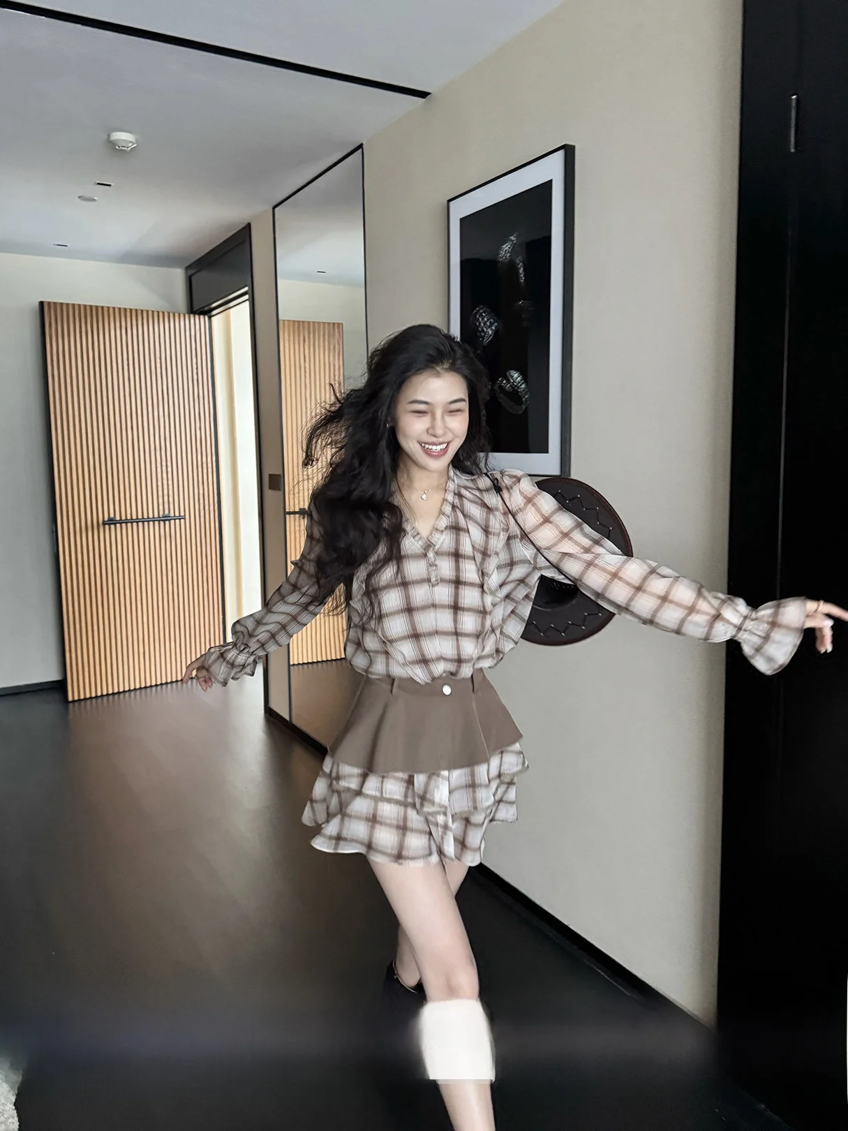 

Zhang a Xing Tea Brown Plaid Slimming Waist Cinched Lightweight Breathable Lace Hemmed Dress Casual Style Spring Fashion