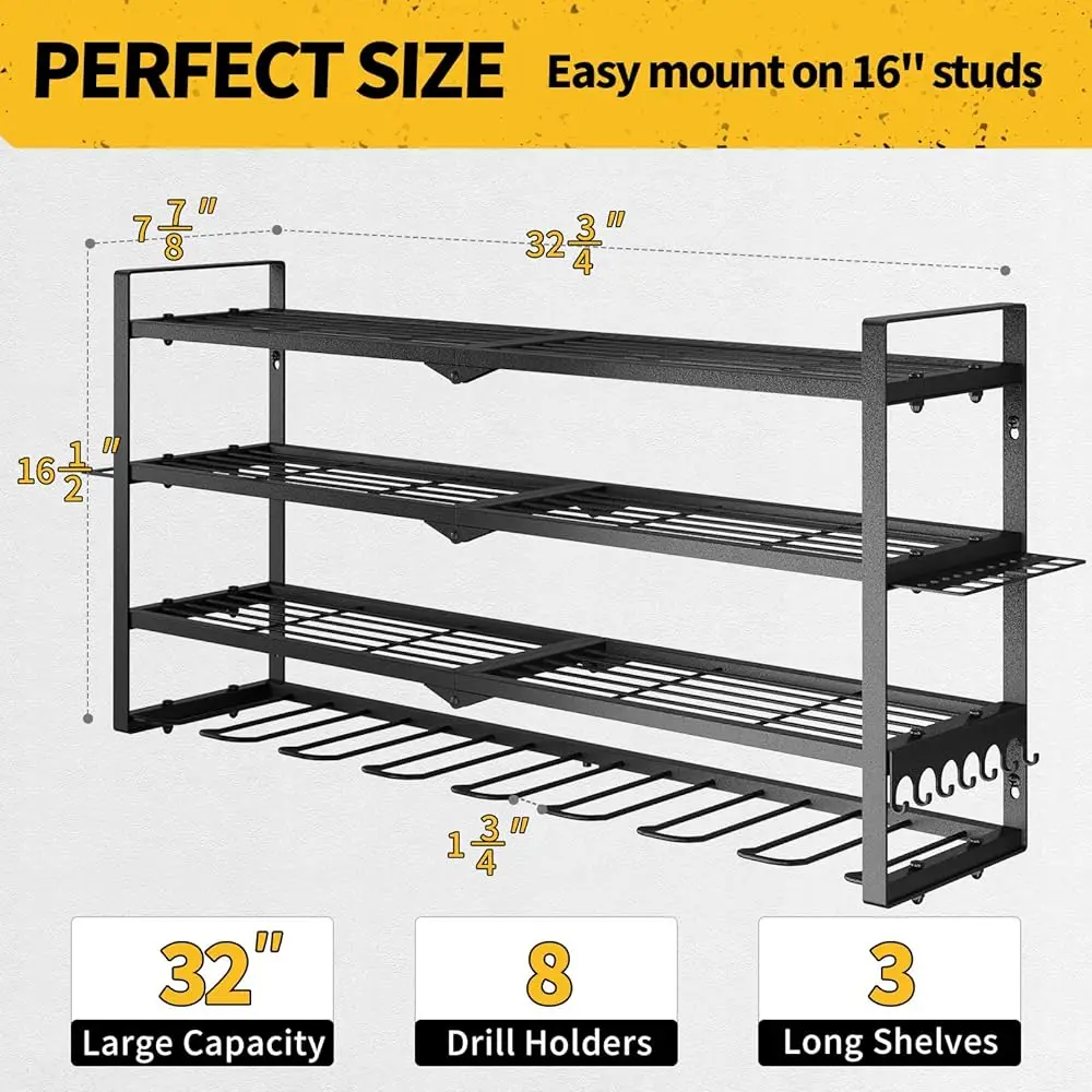 Power Tool Organizer, Drill Holder Wall Mount, 4 Layers Tool Storage, Heavy Duty Garage 8 Drill Storage Shelf With
