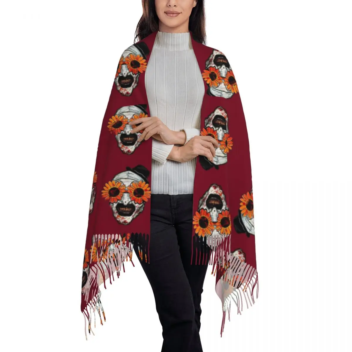 Art The Clown Terrifier 2 Sunflower Sunglasses Scarf Tassel Scarves for Women Warm Shawls and Wraps Large Fall Winter Shawl Wrap