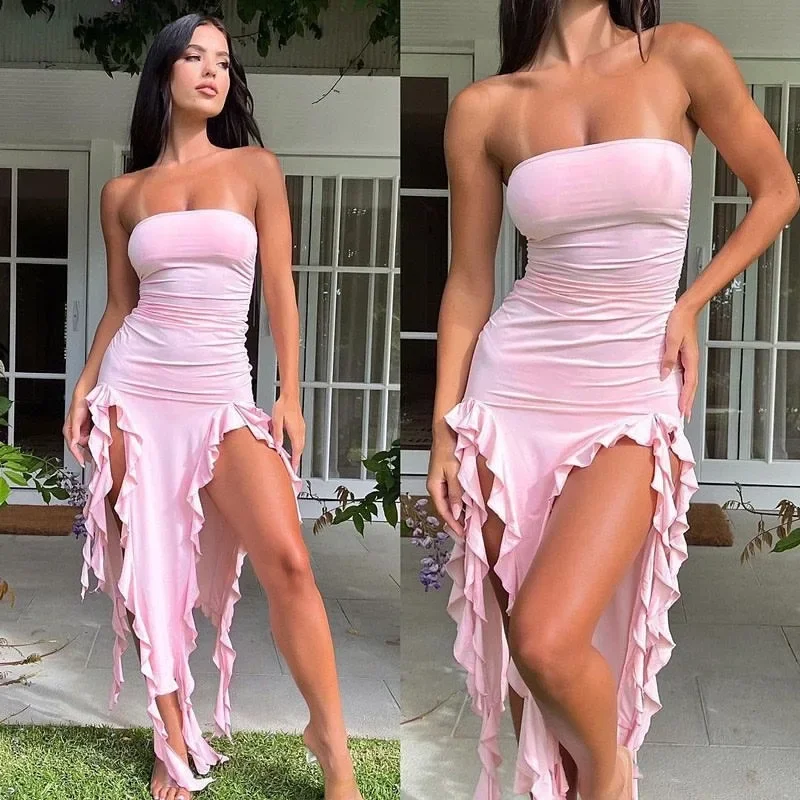 Sexy Shoulder Ruffles Maxi Dress Women Elegant Strapless Sleeveless Slim 2023 Summer Fashion Evening Party Dresses