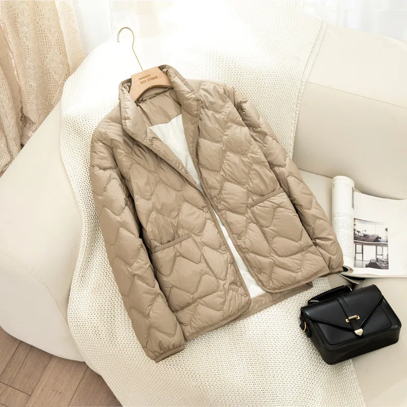 Casaco acolchoado com bolsos grandes para mulheres, luz quente, jaqueta branca de pato, parkas grandes soltas, outwears puffer, outono e inverno