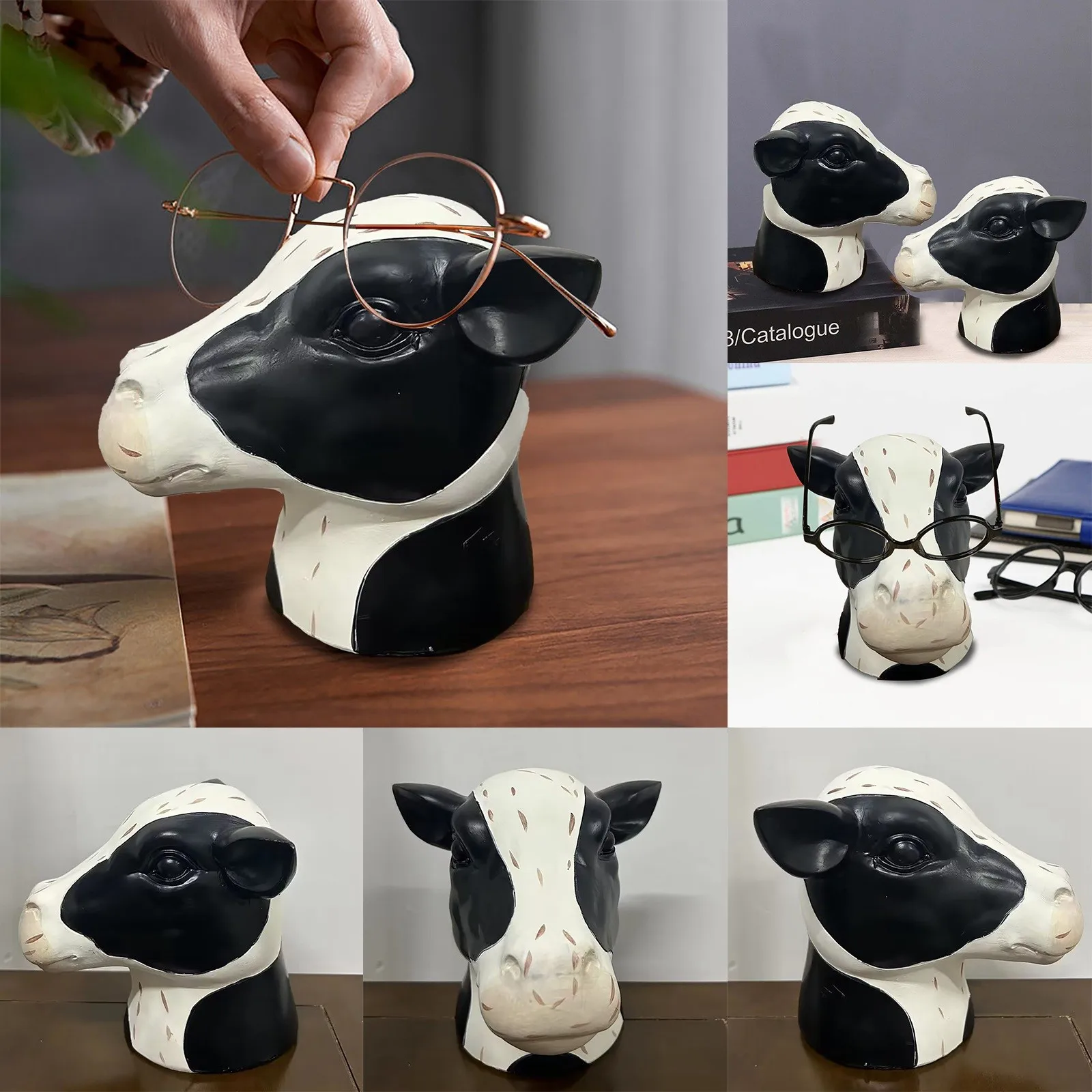 Farmhouse Cow 3D Resin Handicraft Glasses Frame Cow Glasses Frame Ornament Fun Cow Head Glasses Frame Bedside Metal Sculptures