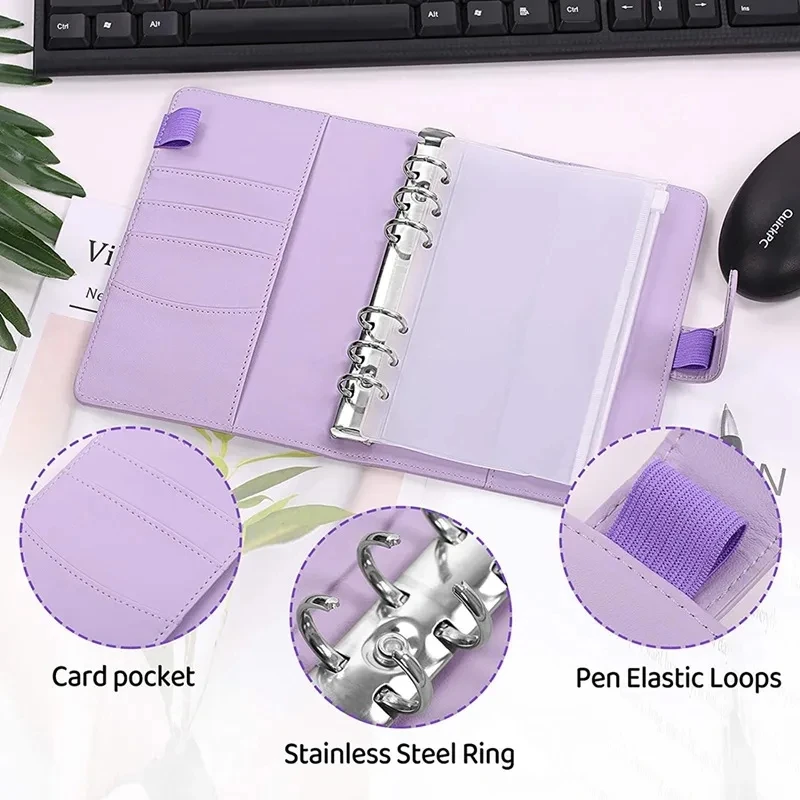 Binder Notebook A6 2024 Planner Cash Envelope Savings Money 6 Holes Binder Macaron 6 Ring Binder PU Clip-on Notebook Leather