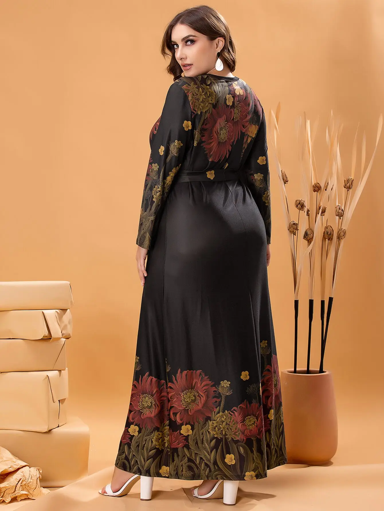 Autumn Winter Dress Long Sleeve 2024 Woman Floral Print Casual Long Dress Black Plus Size Women Clothing